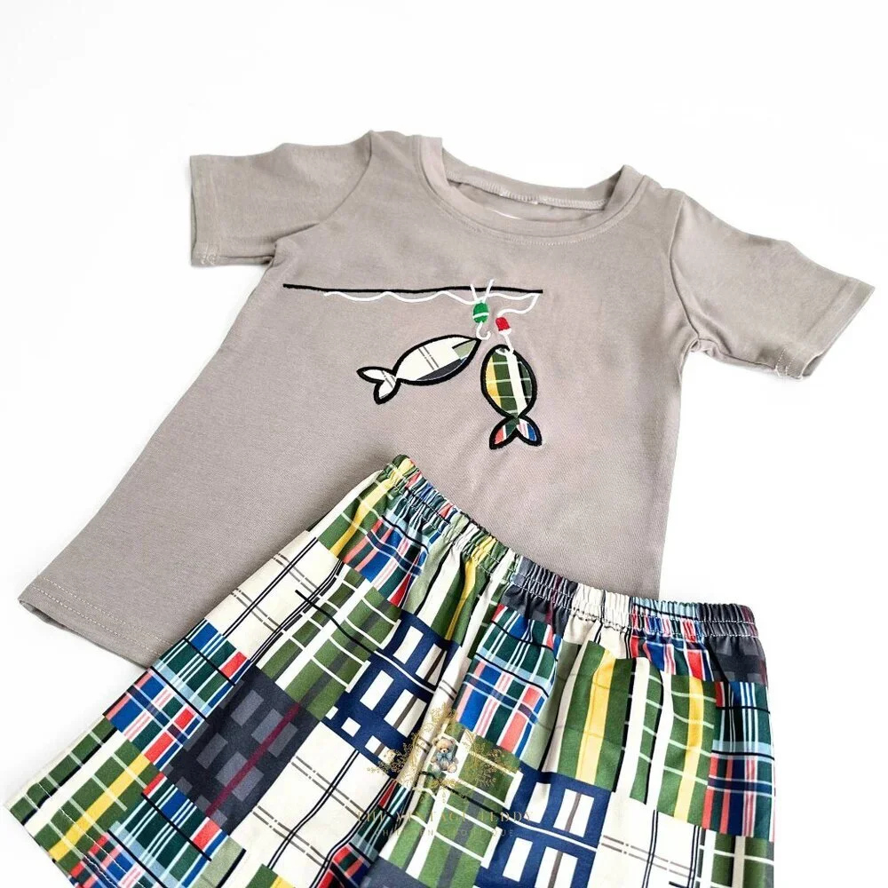 NWT Cute Boys T-shirt & Shorts Matching Set Embroidered Checkered Fish on! 5-6Y